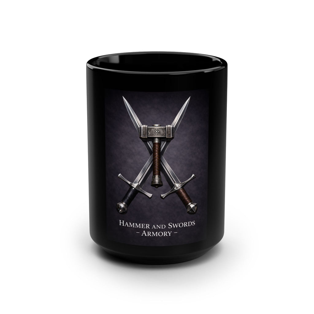 Hammer and Swords Armory Black Mug — 15oz Fantasy Weapon Coffee Cup